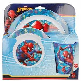 Spiderman set merenda include piatto piano, piatto fondo, bicchiere e posate