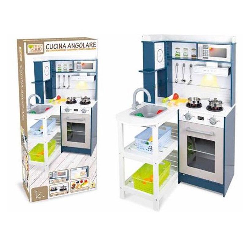 CUCINA IN LEGNO ANGOLARE 100 CM CON ACCESSORI, LUCI E SUONI TEOREMA